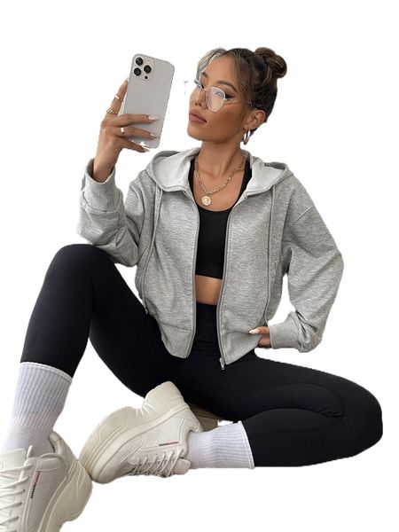 

zip up drop shoulder crop drawstring hoodie m7jb#, Black