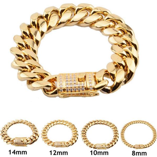 

8mm/10mm/12mm/14mm/16mm/18mm mens 18k gold plated stainless steel bracelets high polished miami cuban link punk curb cz bracelet198w, Black