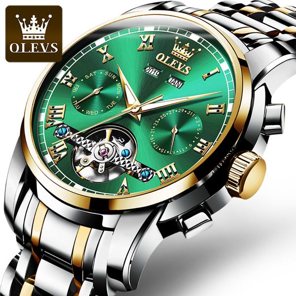 Olevs automático mecânico masculino relógios de aço inoxidável à prova dwaterproof água data semana verde fashio clássico relógios pulso reloj hombre 220623