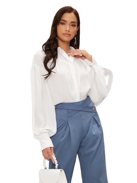 

lantern sleeve button front blouse 19fq#, White