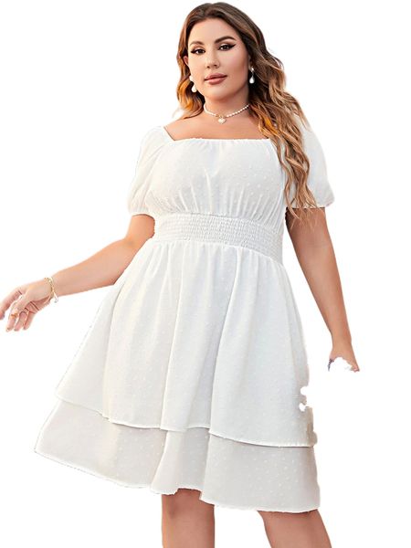

plus swiss dot puff sleeve shirred waist layered hem dress k16s#, Black