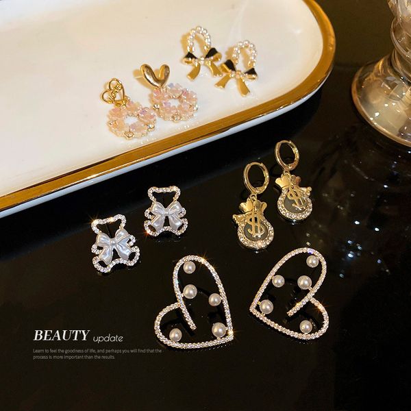 

silver needle zircon pearl bear love heart flowers earrings korean ins sweet design sense earrings graceful eardrop women, Golden