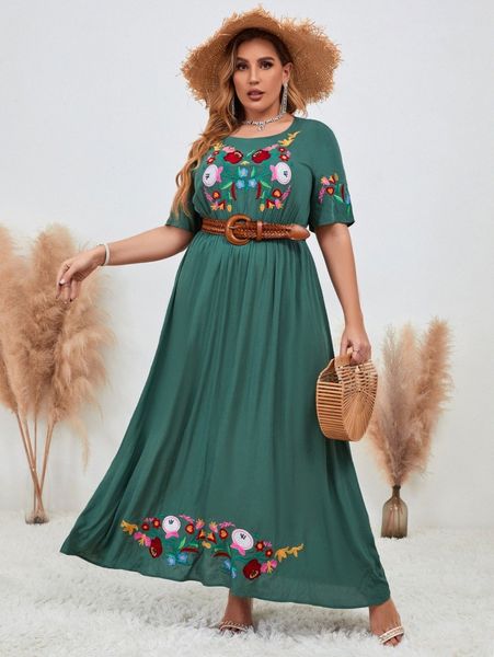 

plus flower embroidered a-line dress without belt z4ma#, Black