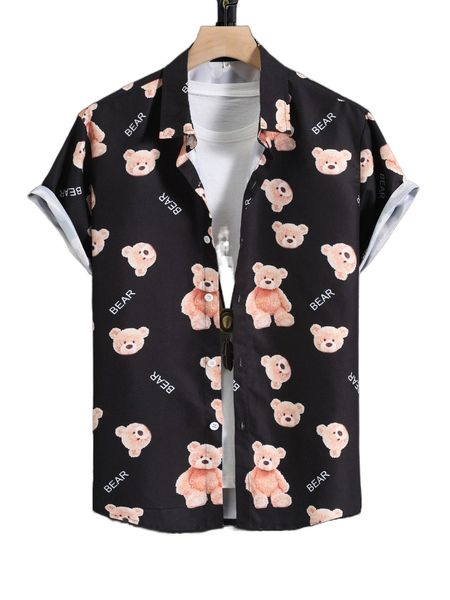 

men cartoon bear button front shirt c1sm#, White;black