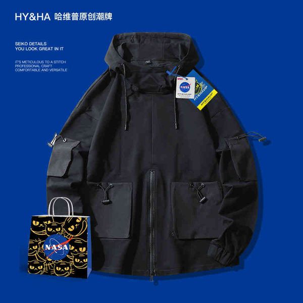 

hooded hoodie men's nasa spring new loose fashion trend work coat, Black