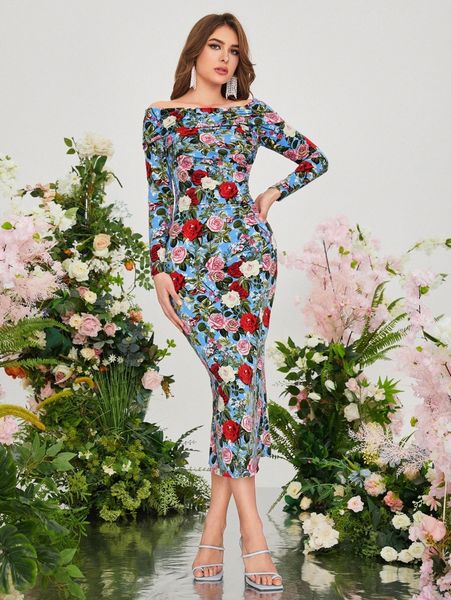 

floral print off shoulder ruched side split back bodycon dress c1n7#, Black;gray