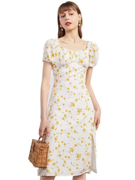 

floral print ruched bust puff sleeve split hem dress b5zy#, Black;gray