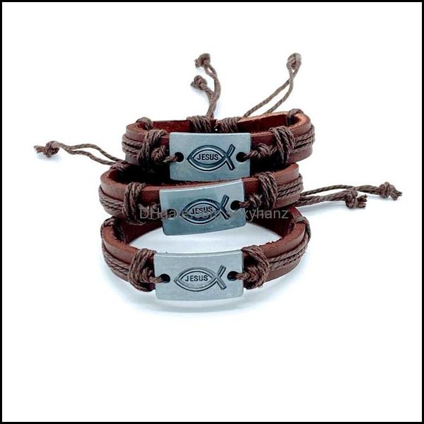 

charm bracelets jewelry fashion brown leather rope braided handmade jesus jewerly punk bangle for women men dhrtq, Golden;silver