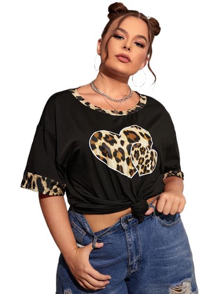 

plus 1pc heart and leopard print drop shoulder tee x6y3#, Black