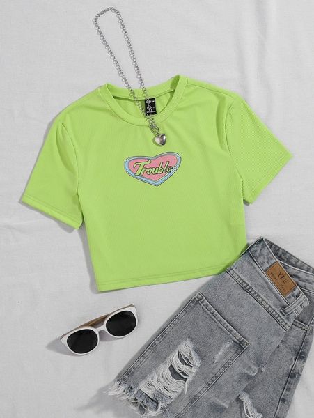 

heart & letter graphic rib knit crop tee 576d#, White