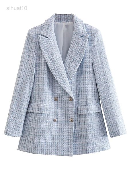 

2022 autumn new fashion women plaid knitted blazer office lady business outfit women coat chic blue youth female clothing l220725, Black;brown