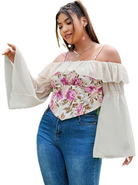 

plus floral print cold shoulder ruffle trim flounce sleeve blouse s0xu#, Black