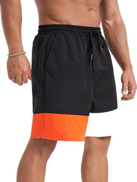 

extended sizes men colorblock drawstring waist shorts n3is#, White;black