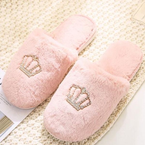 

crown slipper indoor house plush soft cute cotton slippers shoes nonslip floor home slipper slides bedroom y707 y201026, Black
