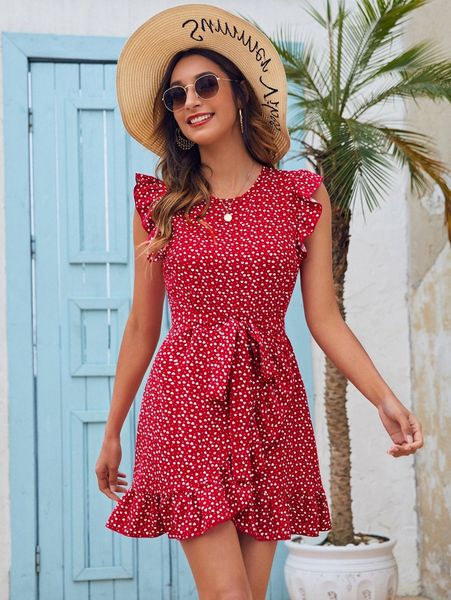 

ruffle trim allover heart belted dress h02r#, Black;gray