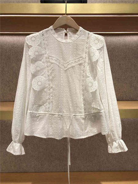 

women's polos  family spring and summer court embroidery ruffle horn sleeve hollow lace top, White