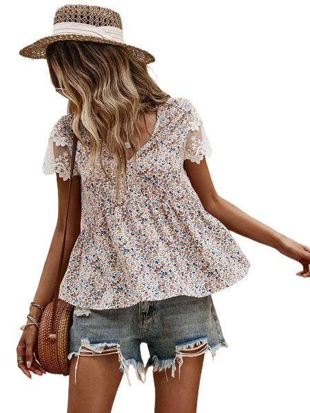 

ditsy floral contrast lace peplum blouse b6mb#, White