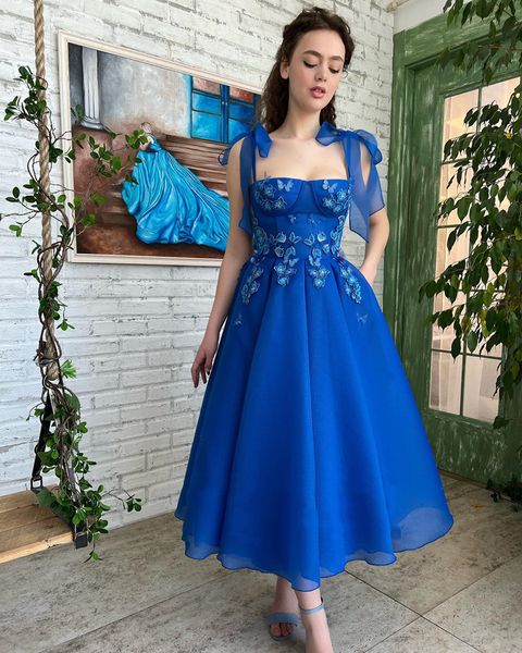

royal blue organza homecoming dresses spaghetti straps applique graduation party birthday girls' wear tea length a line prom dress, Blue;pink