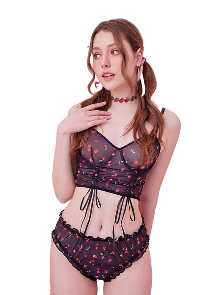 

kawaii strawberry print lingerie set s24r#, Black;red