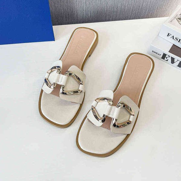 

slippers square open toe metal buckle flat slippers sandals woman summer 2022 square heels beach elegant slides luxury designer shoes 220516, Black