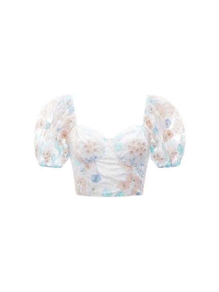 

mod floral embroidery mesh puff sleeve blouse d9ri#, White
