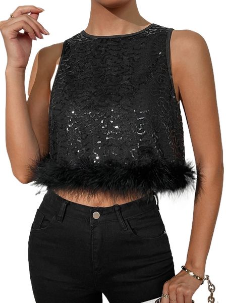 

contrast fuzzy trim crop sequin tank z1cy#, White