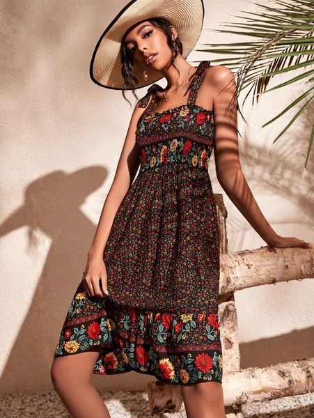 

floral print shirred tie shoulder ruffle hem dress 64ys#, Black;gray