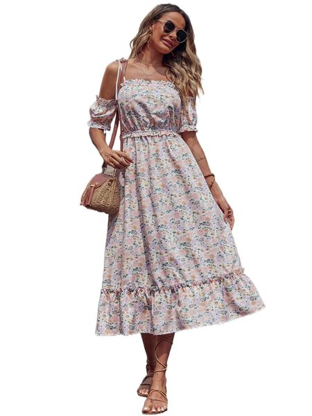 

allover floral print knot cold shoulder ruffle hem dress q0z1#, Black;gray