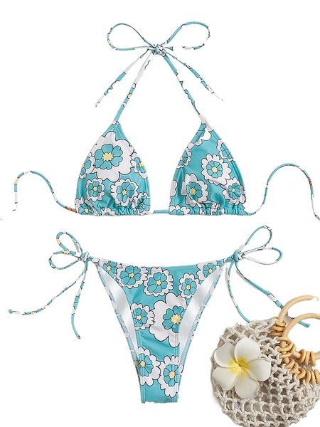 

floral print halter triangle bikini swimsuit g9d8#, White;black