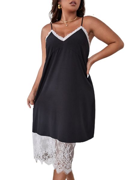 

plus contrast eyelash lace cami nightdress 82gl#, Black;white