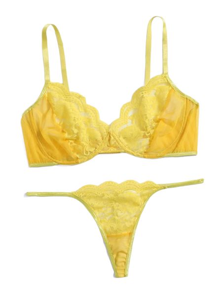 

plus floral lace scallop trim underwire v-string lingerie set g3rk#, Black;white
