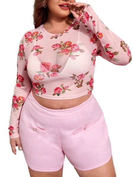

plus floral print crop mesh without bra 04gr#, Black