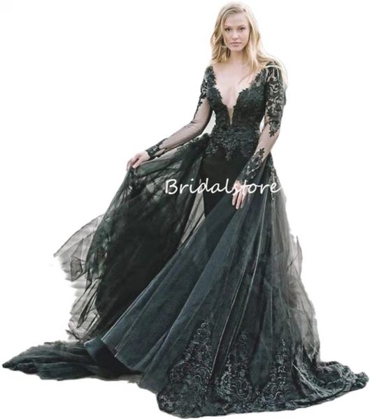 Abito da sposa a sirena nera gotico vintage con strascico staccabile 2022 Abiti da sposa a maniche lunghe country Boho Abiti da sposa con scollo a V in pizzo Elegante da donna Applique in pizzo robe de mariage