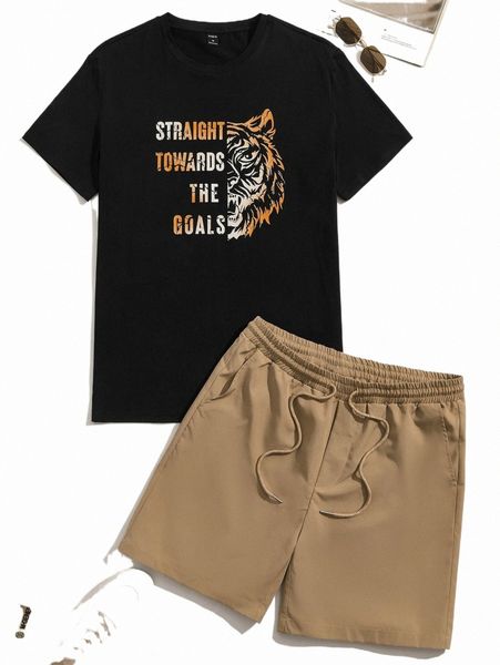 

men tiger and slogan graphic tee and shorts set x1x3#, Gray