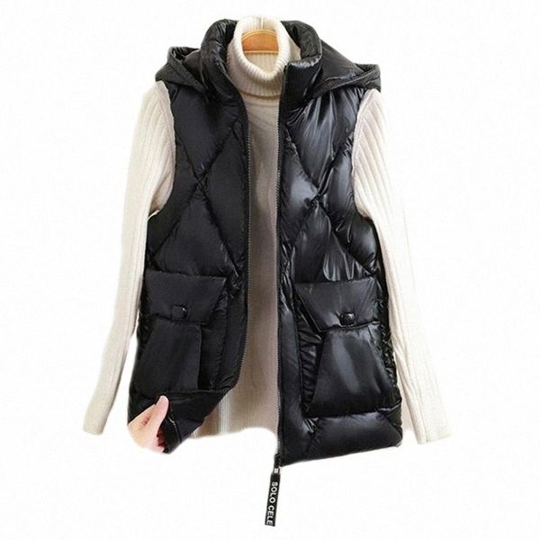 

women's vests cotton waistcoat big pocket vest glossy hooded winter body warmer padded plus size g6br#, Black;white