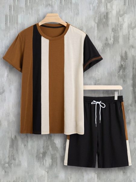 

men color block tee & drawstring shorts o50o#, Gray