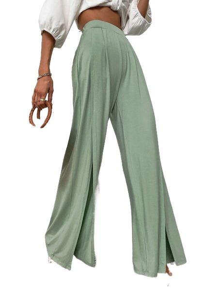 

high waist slit thigh wide leg pants 52ot#, Black;white