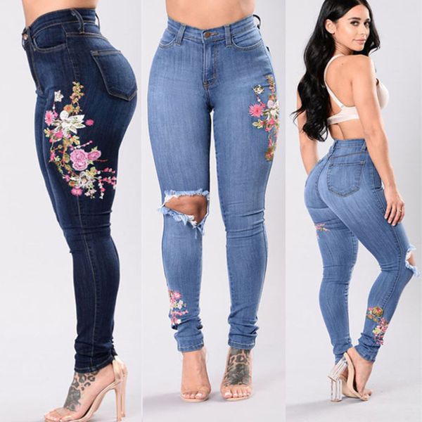 

stretch embroidered jeans y2k women elastic flower jeans female slim denim pants hole ripped rose pattern jeans pantalon femme, Blue