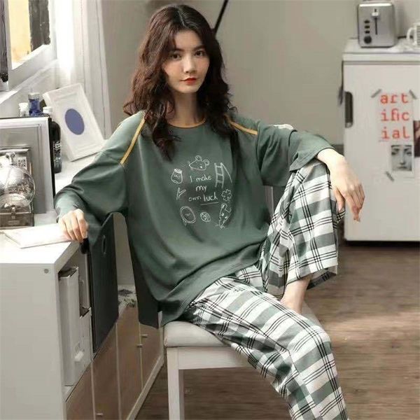 Roupa para casa para mulheres calças xadrez pijamas algodão sleepwear outono pijama pigiasma donna plus size terno 220329