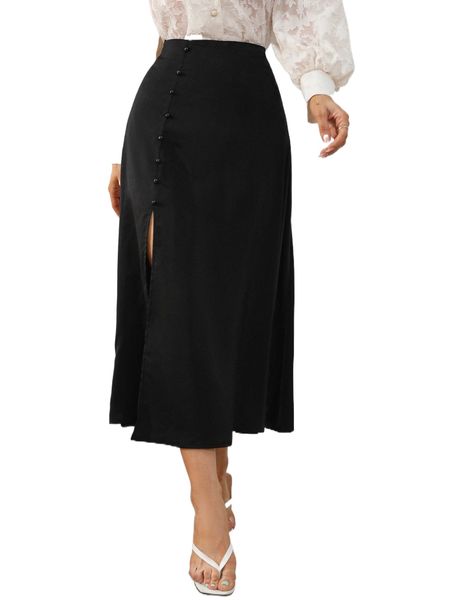 

button detail split thigh skirt f5hr#, Black
