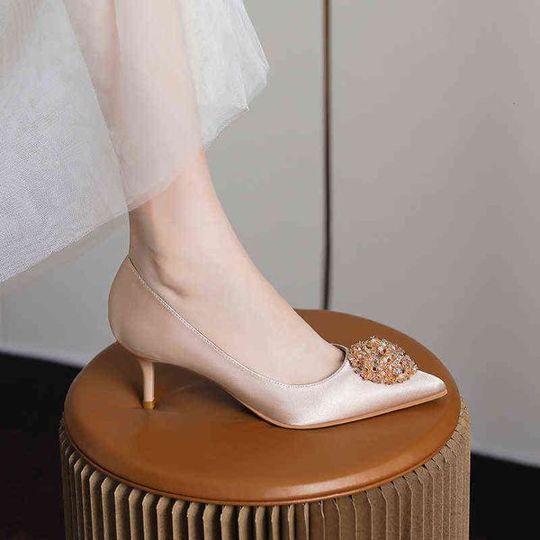 

2022 champagne high heel's round button satin bridal shoes with skirts wear fairy fashion single shoes, Black