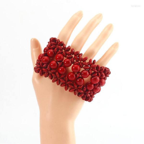 Bracciale rigido con ciondoli vintage Bracciale donna colore rosso geometrico grandi perline rotonde cuciture tipo fiore braccialetti gioielli in legnoBangle Lars22