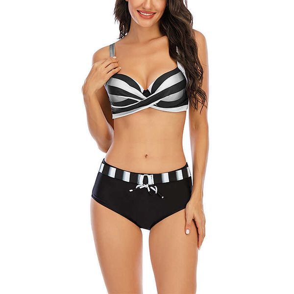 

women's split swimsuit bikini boxers stripe contrast