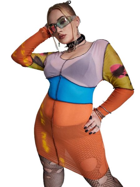 

plus color-block sheer mesh bodycon dress a5bu#, Black