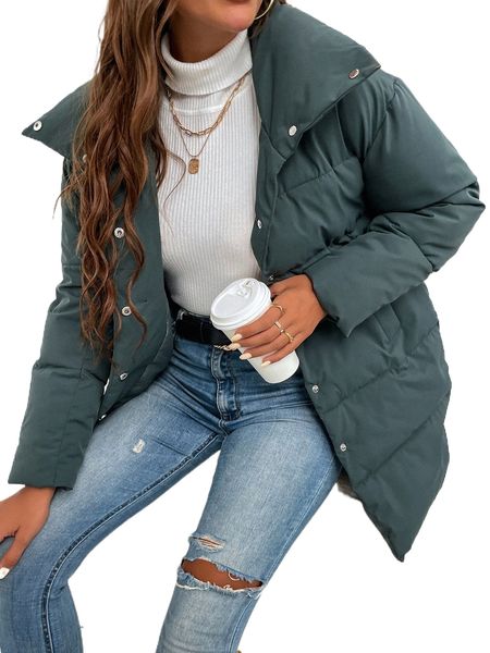 

solid button up puffer coat n0ir#, Black