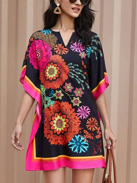 

mandala print notch neck tunic dress x7yp#, Black;gray