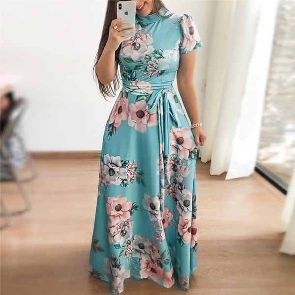 

women long maxi dress summer floral print bohemian beach dress casual short sleeve bandage party dress plus size vestidos y200101, White;black