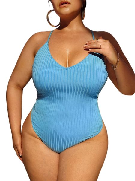 

plus criss cross knot back one piece swimsuit 46n2#, White;black