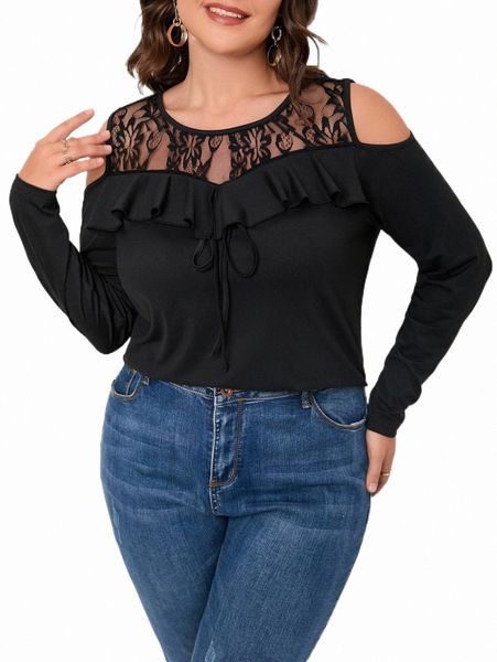 

plus contrast lace cold shoulder ruffle trim tee o2zw#, Black