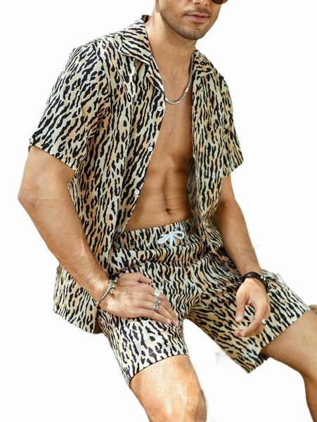 

men allover print shirt & drawstring waist shorts d15m#, Gray